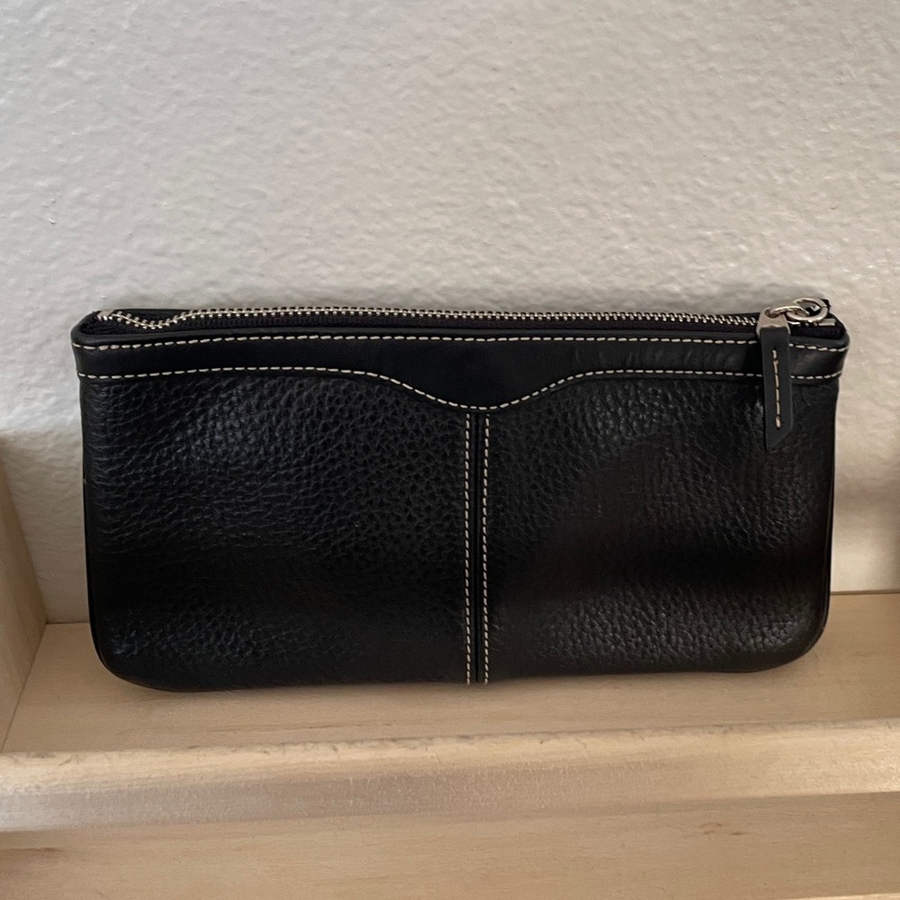 Black Pebbled Leather Zip Pouch with White Contrast Stitching and Key Ring